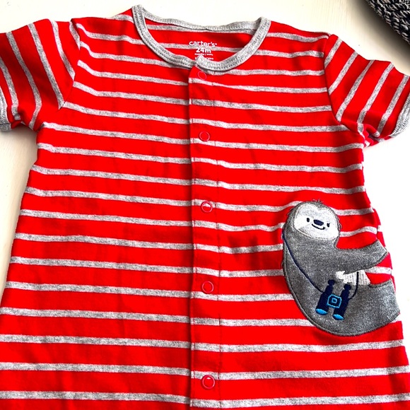 Carters red/gray striped romper 24 mos. - Picture 2 of 5